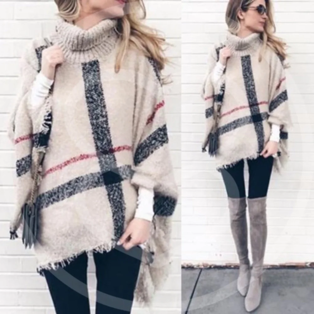 040 Cozy Turtleneck Plaid Frayed Hem Poncho - Picture 13 of 16